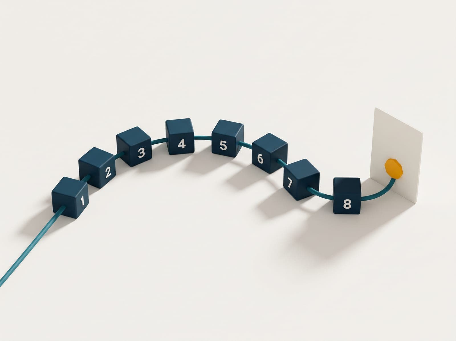 Eight numbered blocks connected in sequence towards a final point
