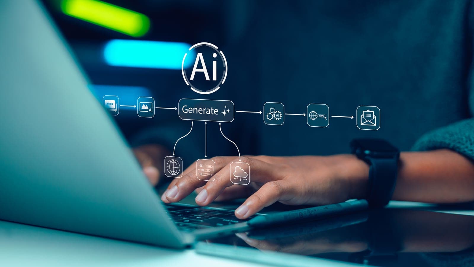 A person working on a laptop with AI and workflow symbols